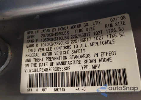 2008 Honda Cr-V Ex-L from USA, damaged, VIN JHLRE48768C053882